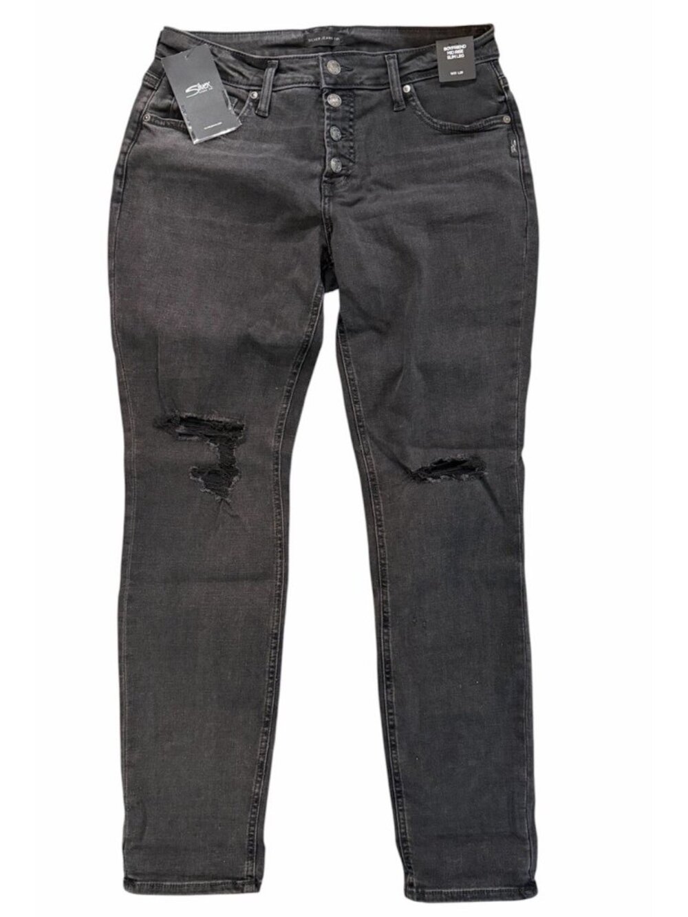 Silver Jeans Women's Size 31/29 Boyfriend Mid Rise Slim Distressed Black Denim